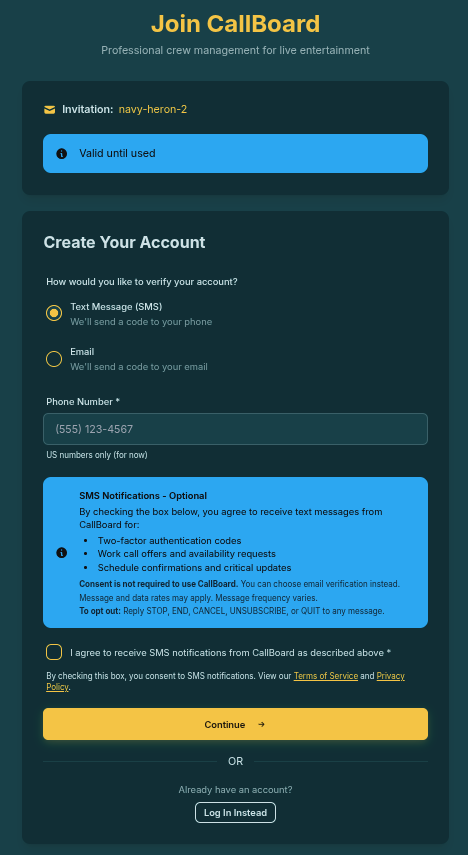 CallBoard signup page showing SMS verification option with consent disclosure and unchecked checkbox